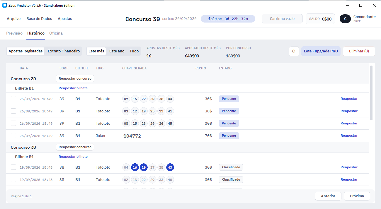Histórico do Zeus Predictor a mostrar o total do mês, a média por concurso e os acertos realçados