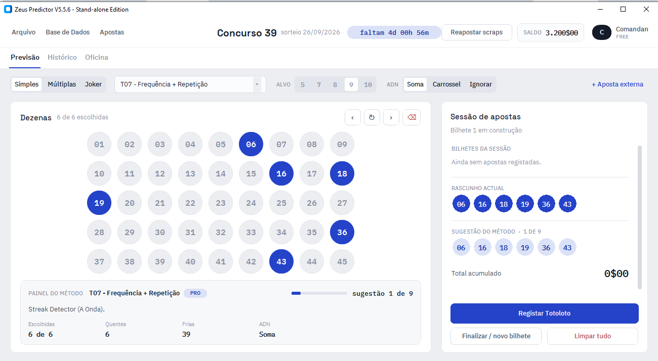 Ecrã de Previsão do Zeus Predictor: grelha de dezenas com mapa de calor e painel do método
